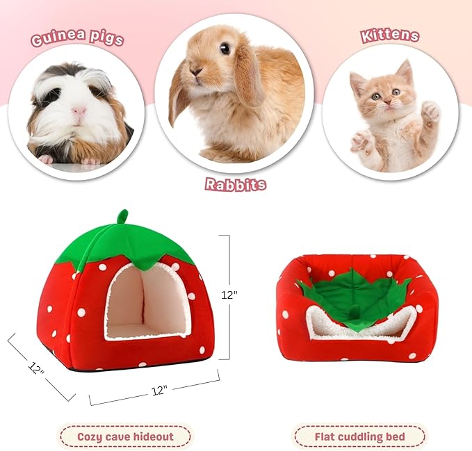 Rabbit Hideout, Washable Bunny Bed with Removable Pee Pad, Plush Indoor Rabbit House, Adorable Strawberry Design Small Animal Hideaway for Guinea Pig, Red