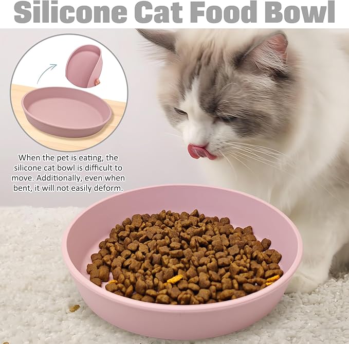 BNOSDM Silicone Cat Food Plate 2 Pack Shallow Dog Bowl Flat Puppy Feeding Dish for Small Dogs and Cats Whisker Fatigue Pet Plates for Dry and Wet Food (Light Pink)