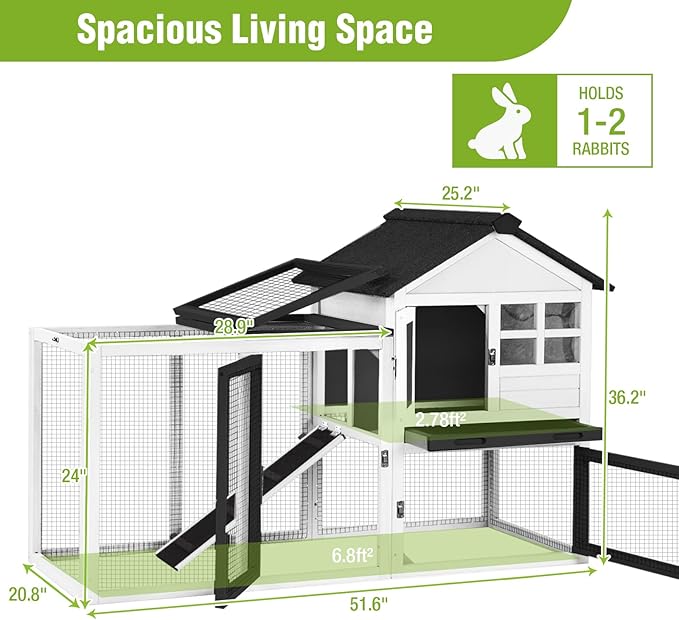 Rabbit Hutch Indoor or Outdoor, Wooden Bunny Cage with Chew-Proof Ramp, Mobile Rabbit House with Wheels, Guinea Pig Cages with Leakproof Tray and Waterproof Roof (White)