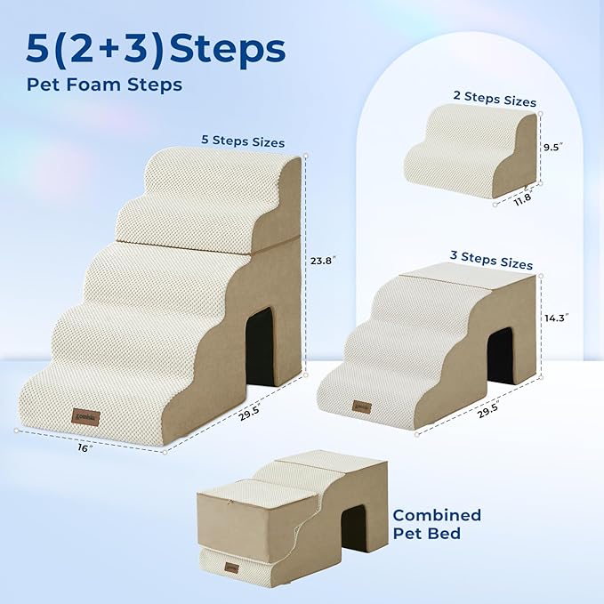 ZOMISIA Dog Ramp for Large Dogs - 24" H 5 Steps Pet Stairs for High Bed with Tunnel 2 in 1 with Zippers Suitable, Indoor Cat Ladders with Non-Slip Bottom, Beige