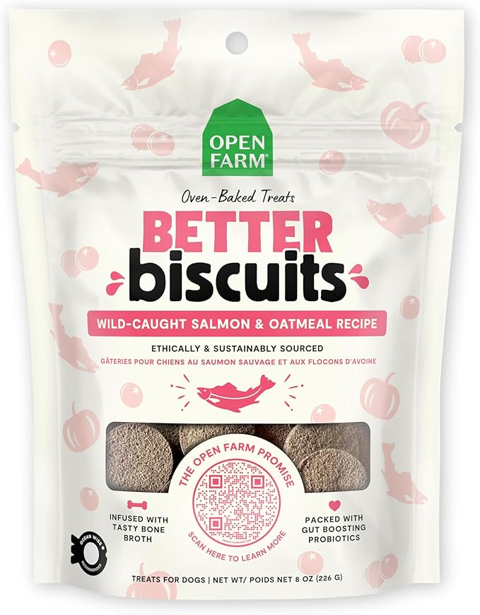 Open Farm Better Biscuits, Oven Baked Dog Treats with Probiotics, Wild-Caught Salmon & Oatmeal Recipe, 8oz Pouch