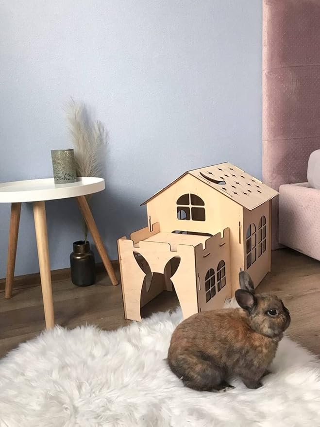 Bunny house with ladder, guinea pig house, rabbit furniture, bunny decoration, rabbit supplies, chinchilla house, pet bed, chinchilla (22.4x13.8x16.9 inch)