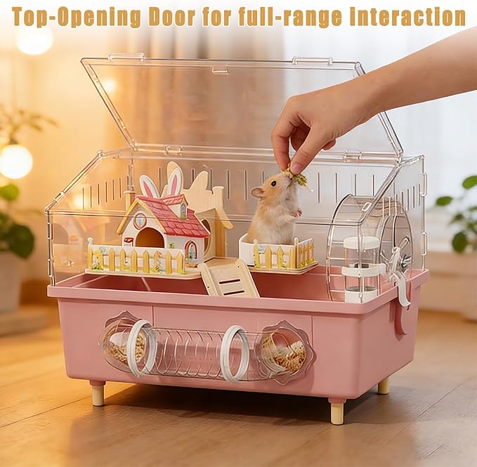 Pink Acrylic Hamster Cage - 18" Small Animal Home with 180° View, Extra Deep 5.5" Base, 8" Silent Wheel & Expansion Ports - for Dwarf Hamsters, Gerbils, Mice
