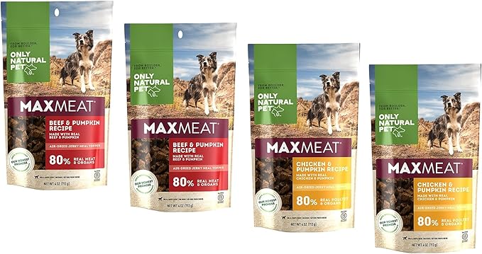 Only Natural Pet MaxMeat Holistic Air Dried Dry Dog Food Meal Topper - All Natural, High Protein, Grain Free - Beef with Pumpkin & Parsley 4 oz and Chicken with Pumpkin & Parsley 4 oz Combo