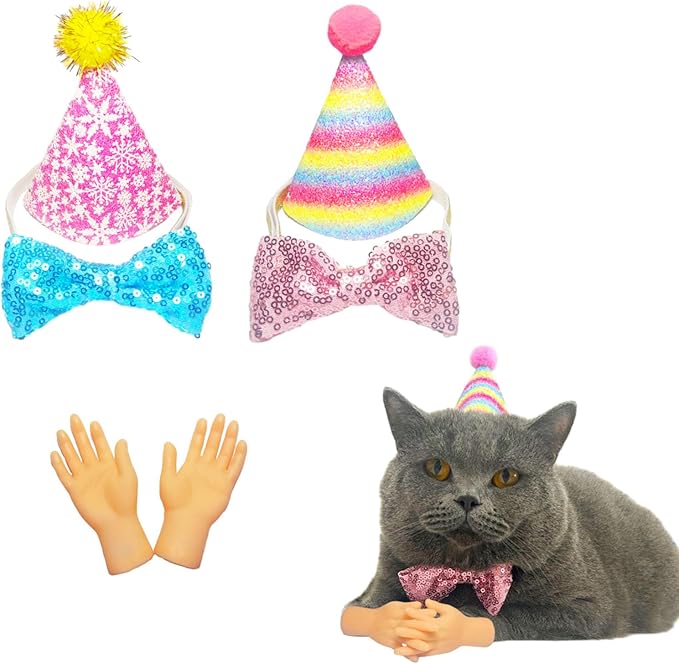 Generic 6 Pcs Cat Birthday Hats with Glittery Bow Tie Collars and Tiny Teaser Hands Party Headwear for Cats and Dogs Party Supplies for Puppies and Kittens Pet Holiday Decoration Costume Accessories