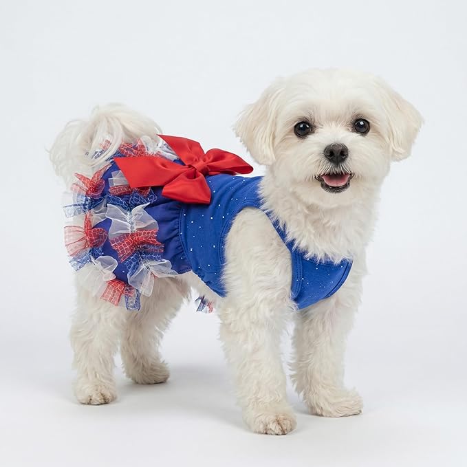 Fitwarm Patriotic Sparkly Tiered Dog Tutu Dress, 4th of July Outfit for Small Dogs Girl, Festive Pet Clothes, Red, White, Blue, XS