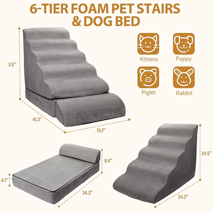 Dog Stairs for High Beds 30-36 inches Tall, 30 Inch Height 6 Steps Doggie Ramp for High Bed, Non-Slip Sturdy Dog Steps, 30D Foam Pet Stairs for Old Dogs/Cats