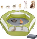 2-in-1 Small Animals Playpen with Pad, Waterproof Small Pet Cage Tent with Reusable Pad, Portable Outdoor Yard Fence with 3 Metal Rod for Chick/Kitten/Puppy/Guinea Pig/Rabbits/Chinchillas, Green+Gray