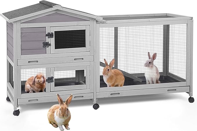 Aivituvin Rabbit Hutch Indoor 2 Story Bunny Cage Outdoor Guinea Pig Cage with Caster Wheels Chicken Coop with Run, 3 Pull Out Tray Grey