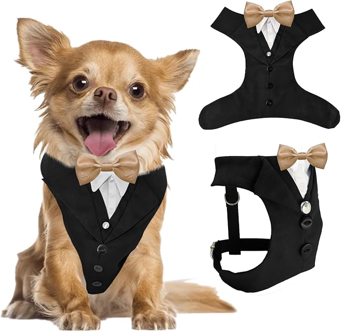 AVERYDAY XS Pet Tuxedo Harness, Wedding Costume Outfit for Small Dogs, Slim Cats and Tiny Pets with 9.1" Neck, 14.2-18.9" Chest, 9" Max Head Girth, Formal Suit Costume for Mini Breeds