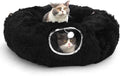Cat Tunnel with Bed – Soft Plush Peekaboo Donut Cave for Indoor Cats | Under Christmas Tree Hideaway & Multifunctional Playground Toy for Kittens, Rabbits, Ferrets (Long-Pile Fabric Black)
