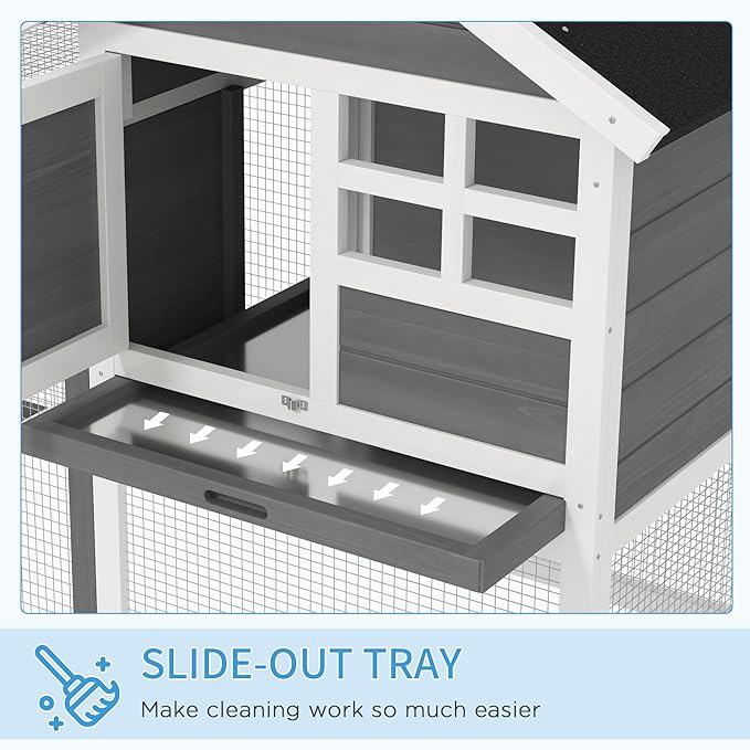 PawHut 49" Wooden Rabbit Hutch Bunny Cage with Waterproof Asphalt Roof, Fun Outdoor Run, Removable Tray and Ramp, for Rabbits, Chickens, Ducks, Gray