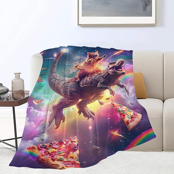 Funny Dinosaur and Cat Blanket Universe Rainbow Pizza Dino Cat Throw Blanket Gifts for Girls Women Kids Adults Super Soft Cozy Plush Fluffy Fuzzy Fleece Blanket Home Decor 60''X80''