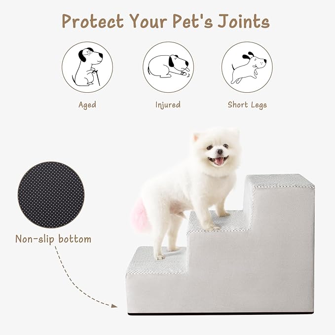 Aodisman Dog Stairs for Small Dogs & Cats, 3-Step Extra Wide Non-Slip Pet Steps for Couch Sofa and Chair, Light Grey, 15.7" H