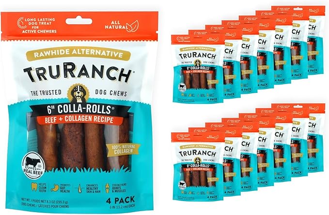 TRURANCH Collagen Rolls - 6" Collagen Rolls for Dogs - Long Lasting Healthy Joint Support - Rawhide Alternative - Skin & Coat Health - Made with Real Beef, Value Pack, 15 Bags, 60 Count