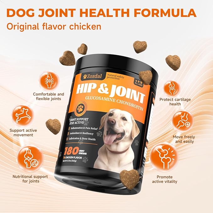 Dog Hip & Joint Supplement, 180 Chicken Chews - Glucosamine Chondroitin MSM Turmeric for Large Breed & Senior Dogs