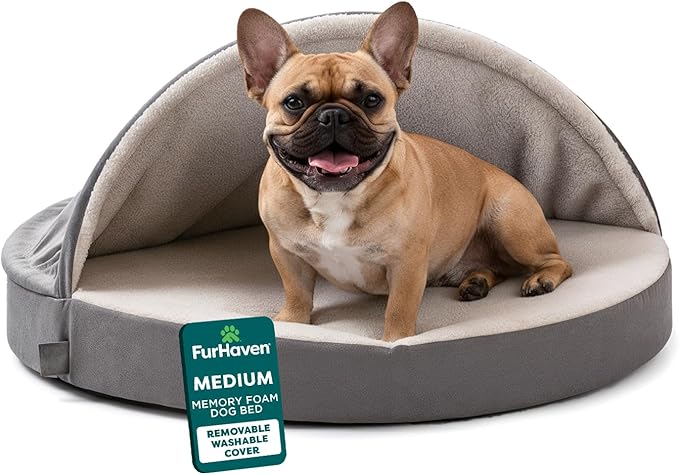 Furhaven 26" Round Memory Foam Dog Bed for Medium/Small Dogs w/ Removable Washable Cover, For Dogs Up to 30 lbs - Sherpa & Suede Snuggery - Gray, 26-inch