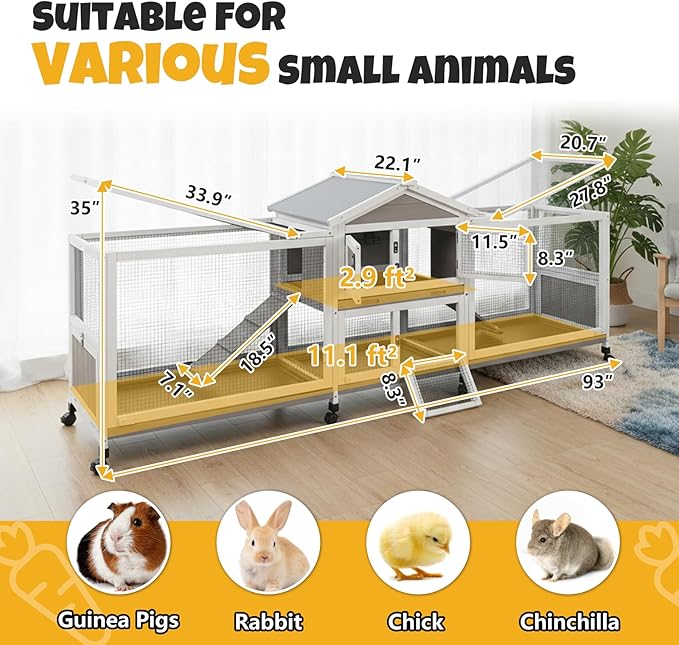 Large 2-Story Outdoor Rabbit Hutch with Wheels, Weatherproof Wooden Bunny Cage with Double Runs, 4 Pull-Out Leak-Proof Trays, 2 Anti-Chew Metal Frame Ramps, Waterproof Roof, Small Animals Cage