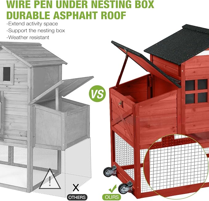 GUTINNEEN Mobile Chicken Coop for 2-4 Chickens with Wheels, Expandable Large Hen House with Run, UV-Protected Roof, Divided Nesting Boxes, Easy One-Person Move, Red