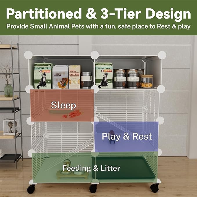 STILLCOVE C&C Guinea Pig Cages Indoor on Wheels, 3 Tier Ferret Cage Small Animal Hideout House with Drawer & Removable Tray, Pet Playpen Fence for 1-3 Hamster Rat Chinchilla Hedgehog