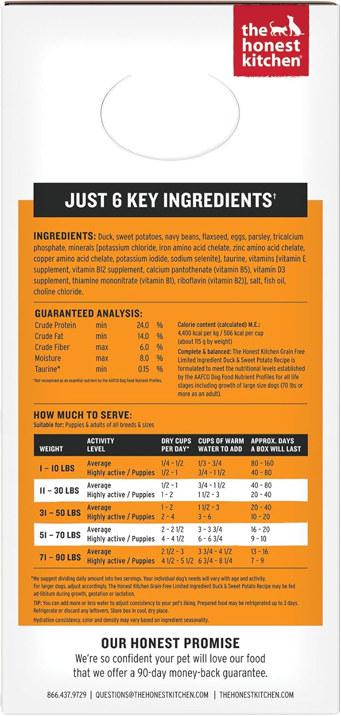 The Honest Kitchen Human Grade Wholemade™ Dehydrated Dog Food, Limited Ingredient Dog Food, Duck & Sweet Potato, 10 lb (makes 40lbs)