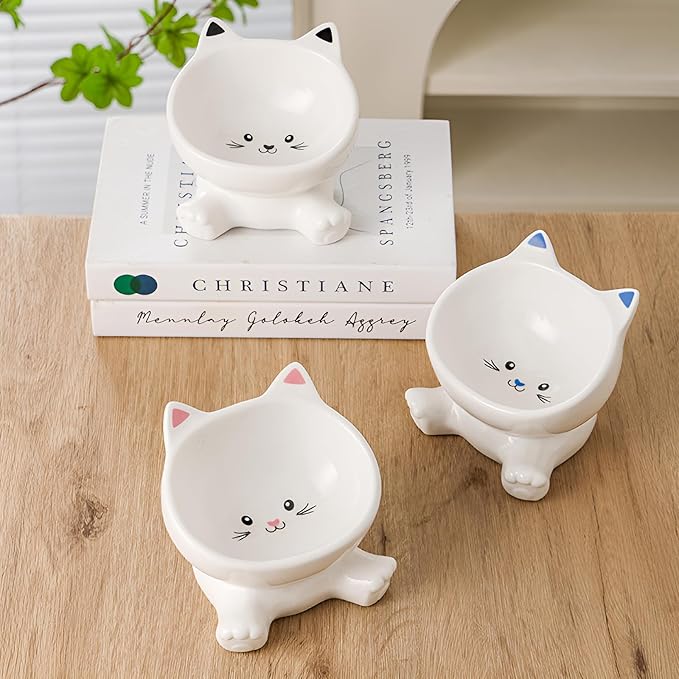Raised Cat Bowl, 4.9 Inch Ceramic 3D Elevated Cat Food Bowl and Water Bowls, Cute Kitten Dishes 4.5 OZ, Anti-Vomiting & Whisker Fatigue Friendly, Stress-Free for Indoor Cats, 1 Piece