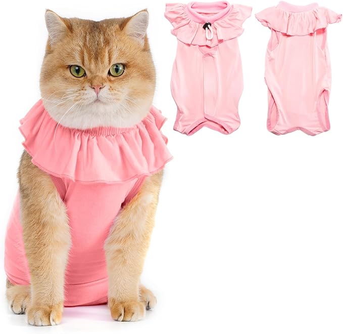 Avont Cat Recovery Suit - Kitten Onesie for Cats After Surgery, Cone of Shame Alternative Surgical Spay Suit with Ruffles for Female Cat, Post-Surgery or Skin Diseases Protection -Pink (L)