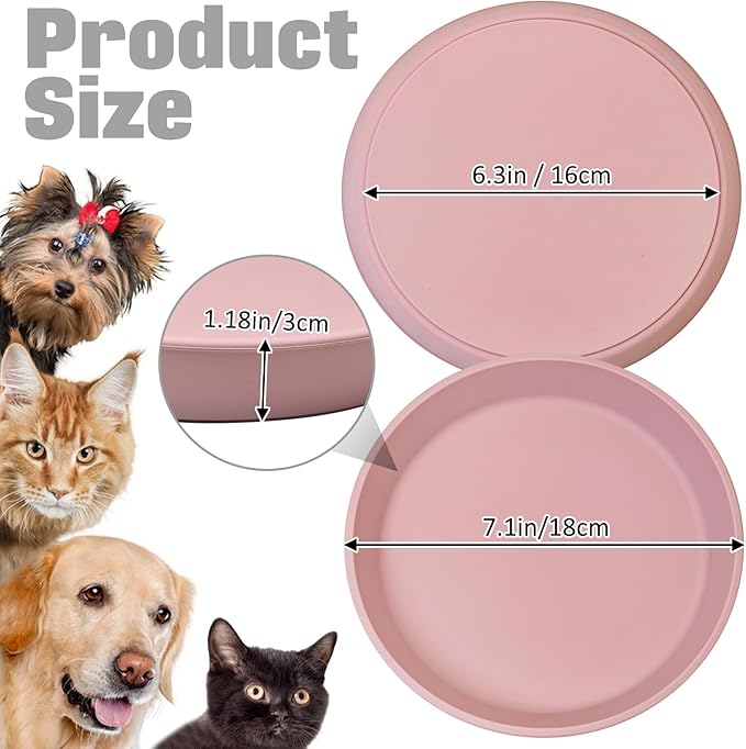 BNOSDM Silicone Cat Food Plate 2 Pack Shallow Dog Bowl Flat Puppy Feeding Dish for Small Dogs and Cats Whisker Fatigue Pet Plates for Dry and Wet Food (Light Pink)
