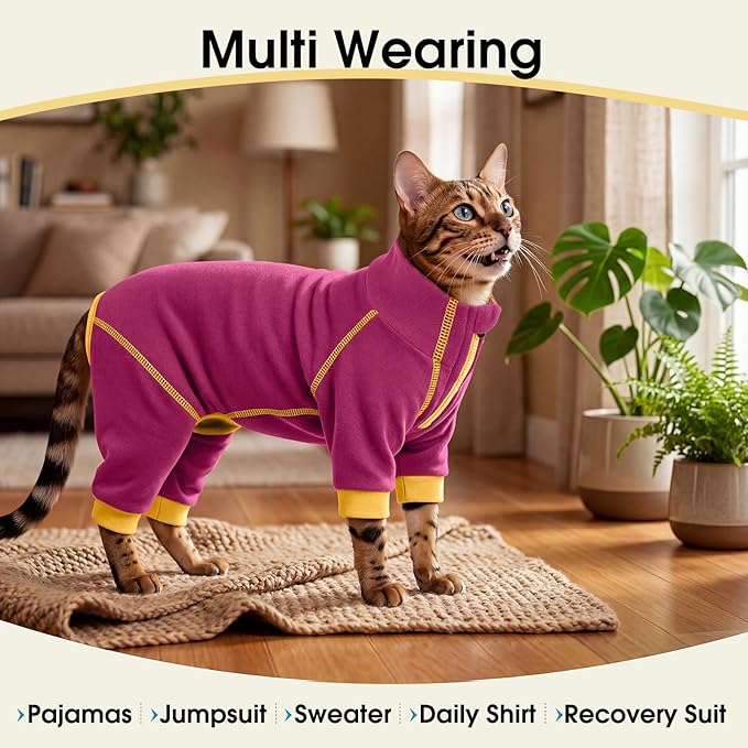 ROZKITCH Cat Overgrooming Suit, Allergy Suit Soft Cat Fleece Coat Turtleneck Keep Pet Warm During Cold Days Comfortable for Indoor use Body Suit Rosered 2XL