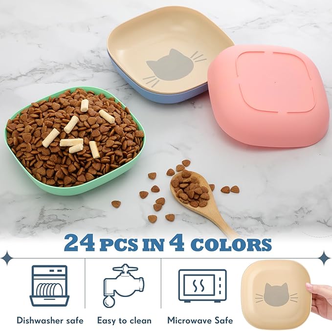 Tioncy 24 Pcs Fatigue Relief Cat Bowl 5.7 Inch Shallow Cat Food Dish Wide and Small Pet Wet Feeding Bowl for Kitten Short Legged Kitten Ferrets Feral Small Animals (Blue, Green, Pink, Beige,Cute)