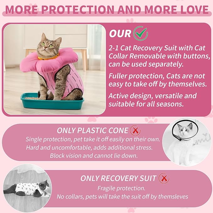 EMUST 2PCS Cat Recovery Suit and Cat Surgery Suit, Cotton Breathable Cats Spay Recovery Suit, Adjustable Cute Flower Neck for Cats 8-16lb(Pink, L)