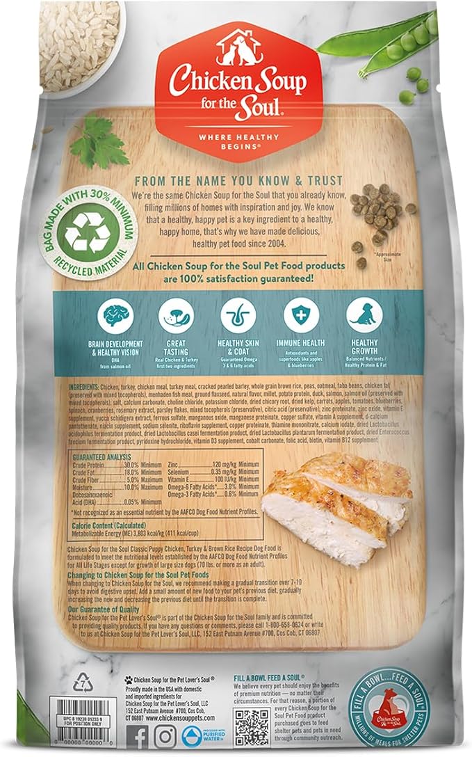 Chicken Soup for The Soul All Natural Premium Dry Puppy Food, Real Meat First Ingredient, No by-Products, Supports Brain Development & Strong Bones & Teeth, Chicken, Turkey & Brown Rice, 28lb