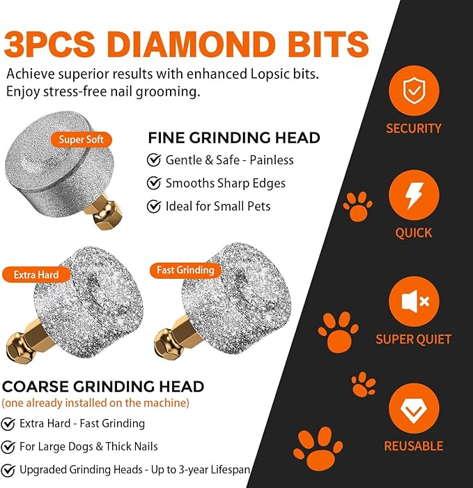 Whisper Quiet Dog Nail Grinder with LED Light, Safe & Stress-Free for Sensitive Dogs of All Breeds & Sizes, 3 Grinding Bits, 3-Speed, Pet Nail Trimmers, Rechargeable Painless Grooming Kit Grey
