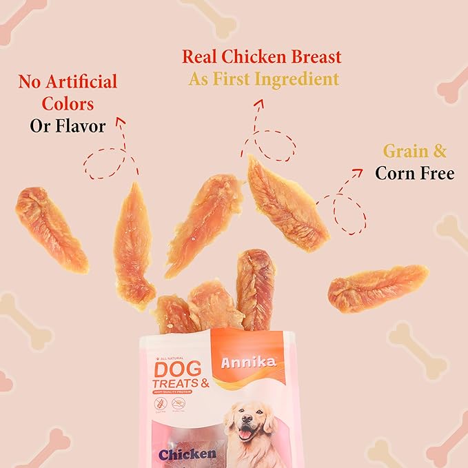 Annika Chicken Jerky Dog Treats – Natural, Low-Fat Strips & Chews, Dog Training Snacks with Chicken Breast, Grain-Free, 11.6 oz Healthy Treats for All Breeds