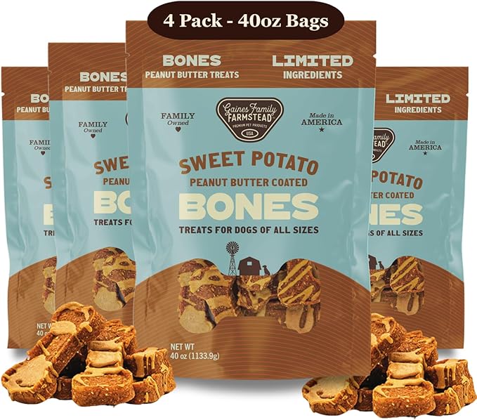Gaines Family Farmstead Peanut Butter Coated Sweet Potato Dog Bones, 4 pack - 40 oz Bags, Grain-Free, Chewy, Natural Dog Treats for Digestion, Skin, Energy & Immunity – Limited Ingredient, Made in USA