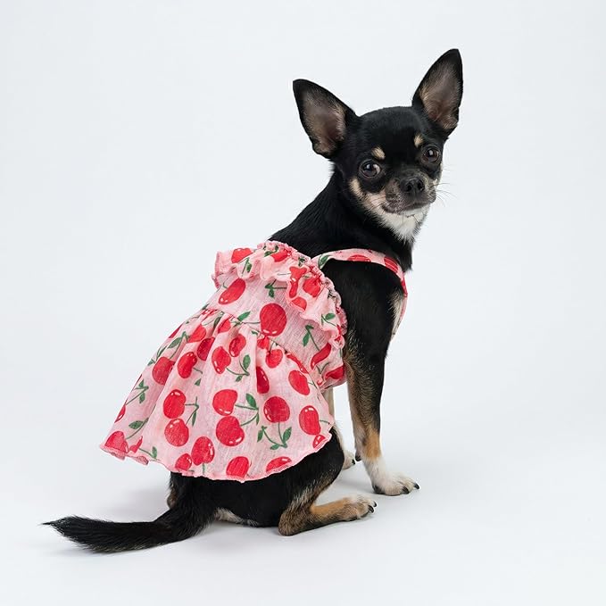 Fitwarm Cherry Dog Dress - Ruffled Hawaiian Dog Dress for Small Dogs, Female Pet Outfit - Pink, XS