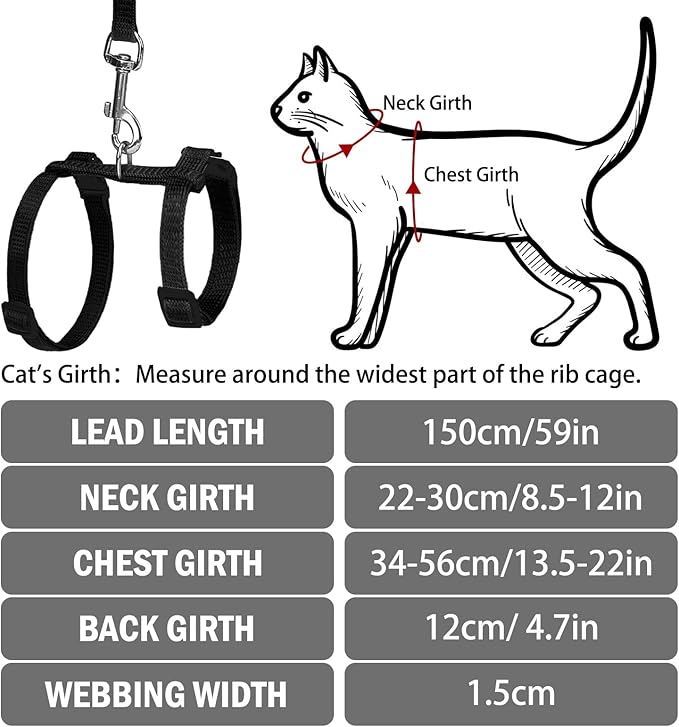 PUPTECK Adjustable Cat Harness and Leash Set Escape Proof Kitten Strap Collar for Walking Travel, Black, M