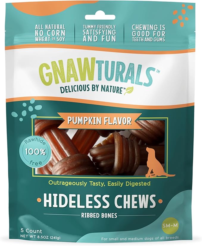 Rawhide Free Dog Chews | Ribbed Bones | for Medium - Large Dogs | Pumpkin, Psyllium Husk and Chicory Root for Easy Digestion and Overall Gut Health (5 Bones, Pumpkin)