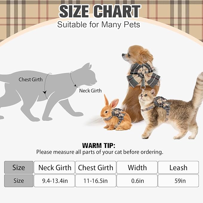 PAWCHIE Cat Harness and Leash Set Escape Proof with Bow Knot, Adjustable Kitten Vest Harness for Outdoor Indoor Use,Lightweight Soft Walking Travel Pet Harness for Medium Cats Boys Girls Puppy,Beige