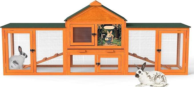 COZIWOW 83” Extra Large Wooden Rabbit Hutch Outdoor Easy to Assemble and Durable Rabbit Cage Bunny Hutch Indoor with Cleaning Tray & Waterproof Roof for Small and Medium Bunny Rabbit Chick (Orange)