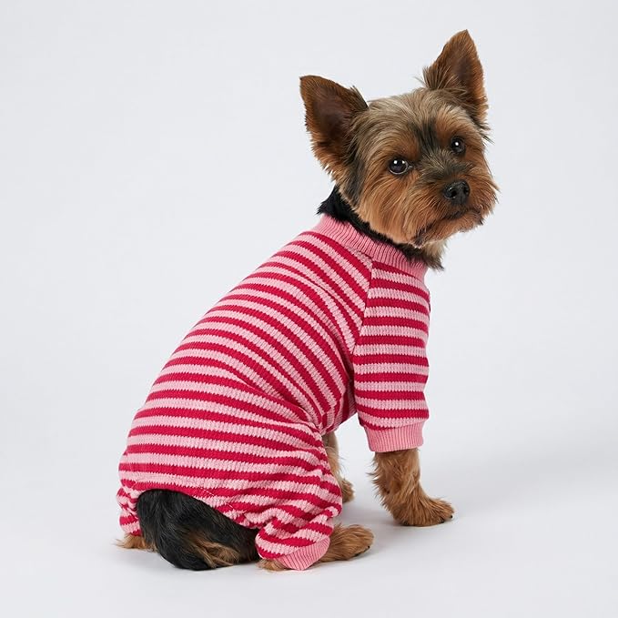 Fitwarm Pink and Red Striped Dog Pajamas, Waffle Dog Clothes for Small Dogs Girl Boy, Puppy Onesie with Feet, Pet Cat Outfit, Small