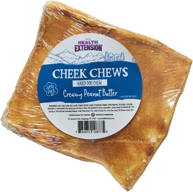 Health Extension Cheek Chews for Dogs – Non-GMO, Rawhide-Free Peanut Butter Flavor Training Treat, Durable for Aggressive Chewers, Single Piece