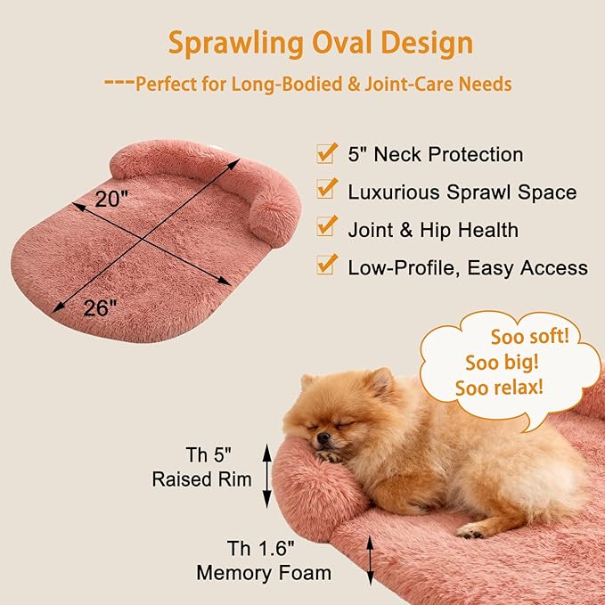 Calming Dog & Cat Beds for Small Medium Dogs Cats, Anti-Anxiety Plush Pets Lounge Couch Sofa Orthopedic Cushion, Soft Fluffy Faux Fur Washable, Fits up to 25 lbs Pets (Oval, Blush 26"x20")