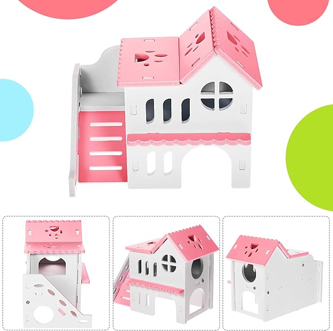 Skylety 5 Pcs Hamster Toys Include Wooden Accessories Hamster House Guinea Pig Hideout Rainbow Bridge Seesaw Swing Exercise Circle Cage Toy for Small Animals(6.3 x 3.93 x 5.5 inch,Pink)