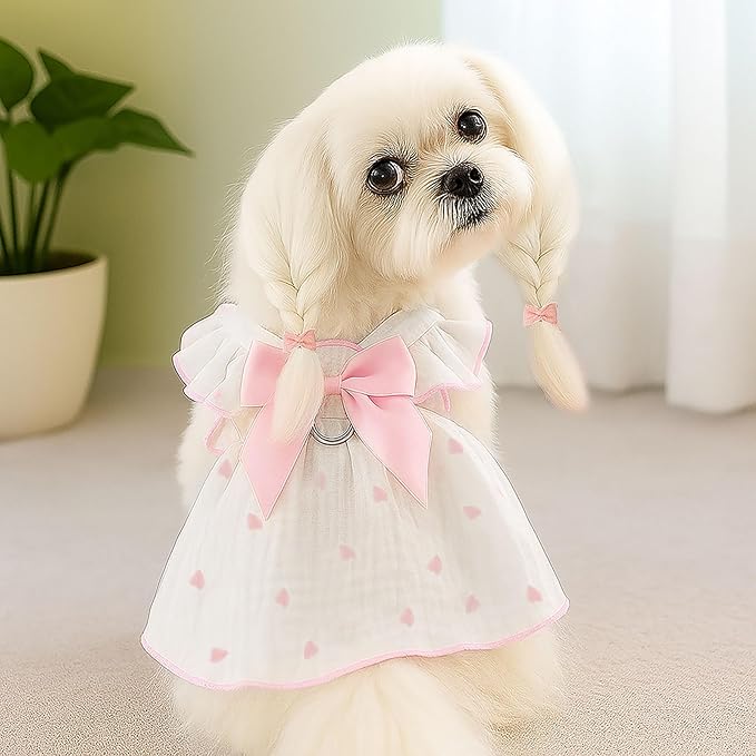 Dog Dresses for Small Dogs Girl Female Dog Cat Clothes Dress Cute Cotton Extra Summer Clothes Bow Decor Printed Love Birthday Outfit Puppy Clothes (Light Pink & Black, Small)