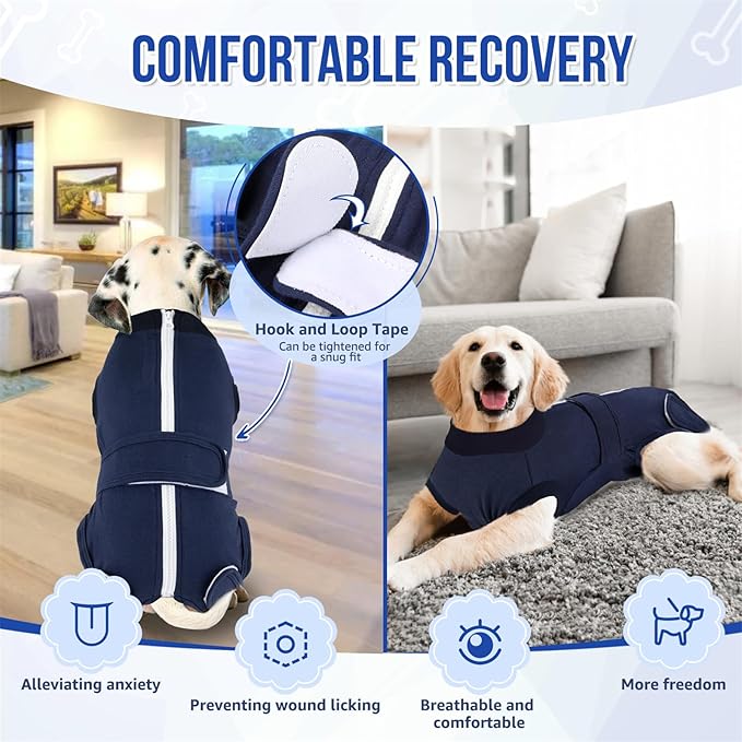 SlowTon Dog Surgery Recovery Suit - Zipper On Dog Onesies After Surgery for Female Male Dogs, Abdominal Wounds Bandages Cone/E-Collar Alternative Dogs Surgical Body Suit (Dark Blue,M)