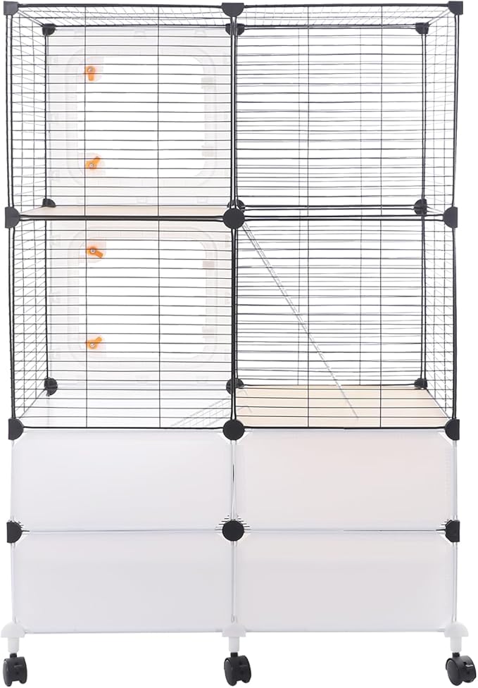 Small Animal Cage, Guinea Pig Cages with Rolling, Durable Front Doors, Chinchilla Cage with Scoop for Rat, Hamster, Guinea Pig, Squirrel (Black, 45.3in)