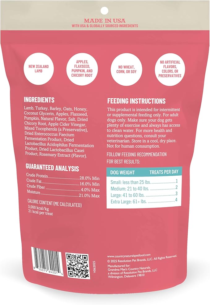 Grandma Mae's Country Naturals Jerky Squares Digestive Dog Treats, Lamb & Turkey with Apples, Flaxseed, Pumpkin & Chicory Root, No Wheat, Corn, or Soy, Made in USA, 5 oz