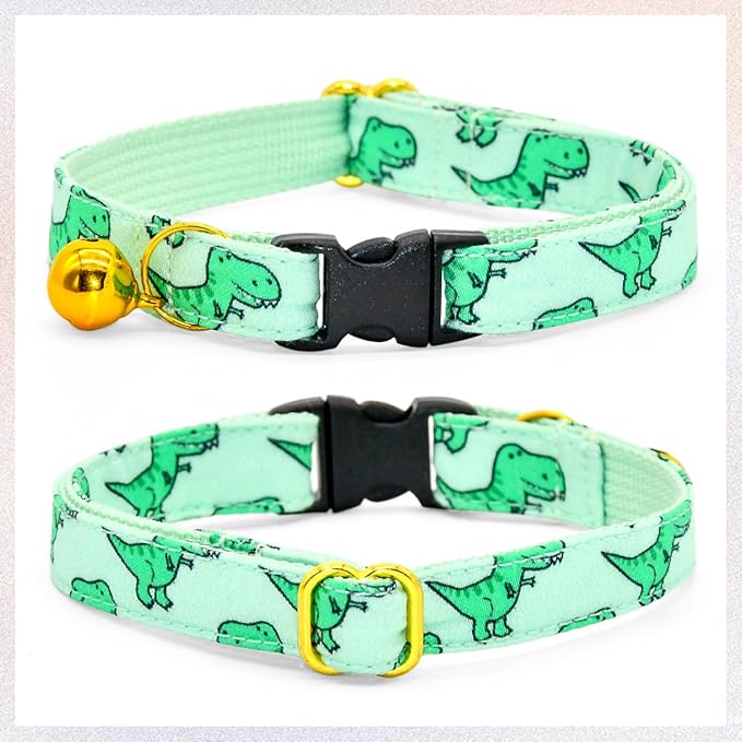 Cat Bow Collar, Green Dinosaur Pattern, Quick Release Safety Buckle, (8" - 13")