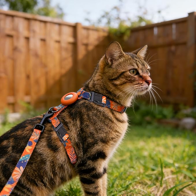 Cat Harness and Leash Set with Airtag Holder for Walking & Travelling, Escape Proof Cat Harness for Small Medium Large Kitten, Adjustable Lightweight Soft Cat Vests(Orange Print)